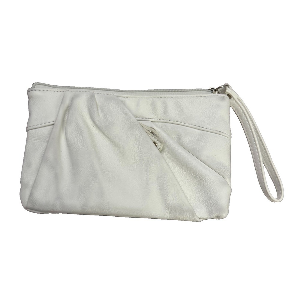 ELLE White Pleated Wristlet Clutch Purse Wallet Aqua Polka Dot Lining 8.25"